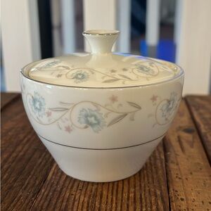 Vintage Porcelain Covered Sugar Bowl with Blue Floral Pattern